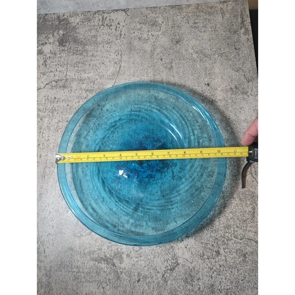 RARE 10” Blown Aqua Blue Glass Shallow Bowl With  Optic Swirl/Folded Rim Vintage